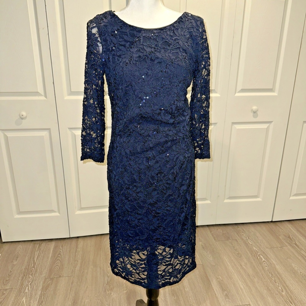 New Stunning Marina Sequin Lace Dress 3/4 Sleeve Runched Waist Navy Blue Size 8